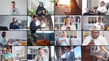Collage with many different people using smartphone devices. Set collection of many video clips with men and women with mobile phones. The concept of communication, internet and connectivity.