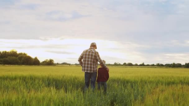 Farmer His Son Front Sunset Agricultural Landscape Man Boy Countryside — Stockvideo