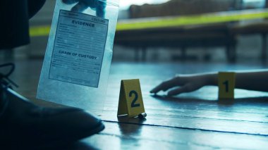 Detective Collecting Evidence in a Crime Scene. Forensic Specialists Making Expertise at Home of a Dead Person. The Concept of Homicide Investigation by Professional Police Officer.