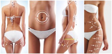 güzel ve sağlıklı kadın vücut çizim oklar. plastik cerrahi, sağlıklı beslenme, liposuction, spor ve selülit Temizleme kavramı.