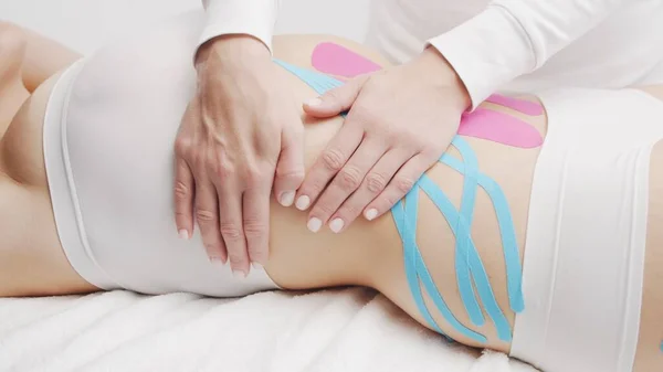 Therapist Applying Tape Beautiful Female Body Physiotherapy Kinesiology Recovery Treatment Stok Fotoğraf