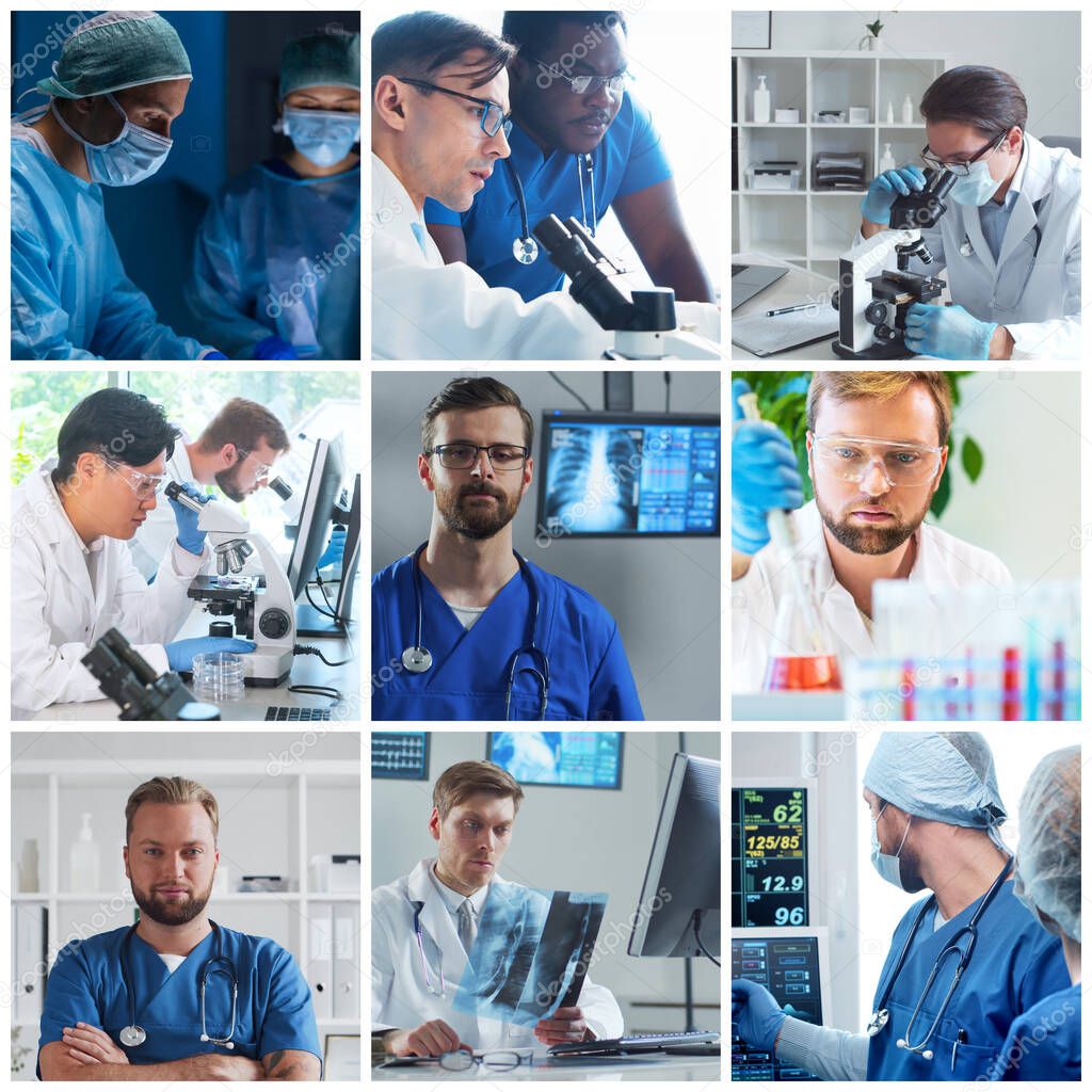 Professional medical doctors working in hospital office, Portrait of young and confident physicians. Set collage of different images.