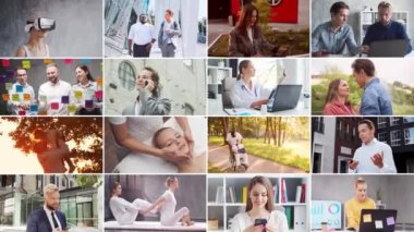 Collage with many different people engaged in a variety of activities, jobs, businesses, studies and hobbies. Set collection of many video clips. The concept of multi-ethnic equality, friendship and