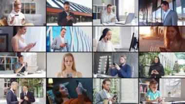 Collage with many different people using smartphone devices. Set collection of many video clips with men and women with mobile phones. The concept of communication, internet and connectivity.