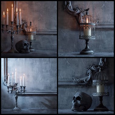 Scary old skull and candles on ancient gothic fireplace. Halloween, witchcraft and magic concept. Set collection collage.