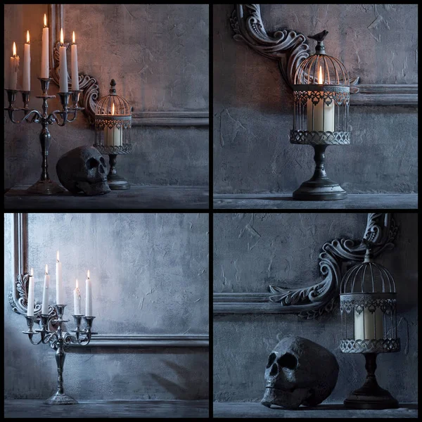 Scary Old Skull Candles Ancient Gothic Fireplace Halloween Witchcraft Magic — Stock Fotó