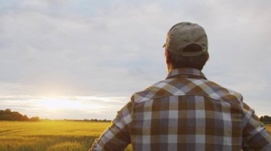 Günbatımı tarımının önündeki çiftçi. Kırsal kesimde bir adam. Kır hayatı, gıda üretimi, tarım ve kırsal yaşam tarzı kavramı.