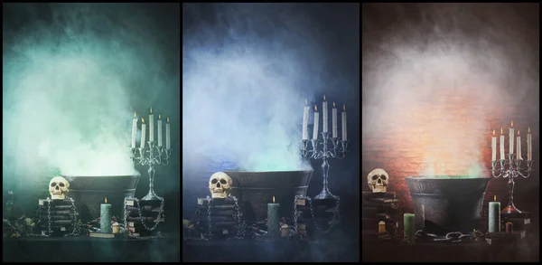Scary Old Skull Candles Ancient Gothic Fireplace Halloween Witchcraft Magic Stockfoto
