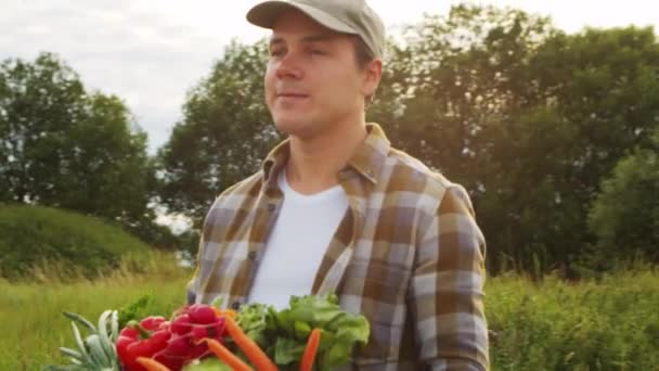 Farmář Zeleninovou Krabicí Muž Procházející Venkovském Poli Koncept Venkovského Života — Stock video
