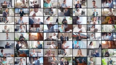 Collage with many different people using smartphone devices. Set collection of many video clips with men and women with mobile phones. The concept of communication, internet and connectivity.