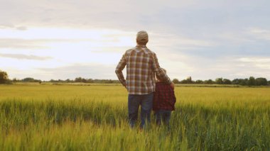 Çiftçi ve oğlu günbatımı tarımının önünde. Kırsalda bir adam ve bir çocuk. Babalık kavramı, köy hayatı, tarım ve kırsal yaşam tarzı..