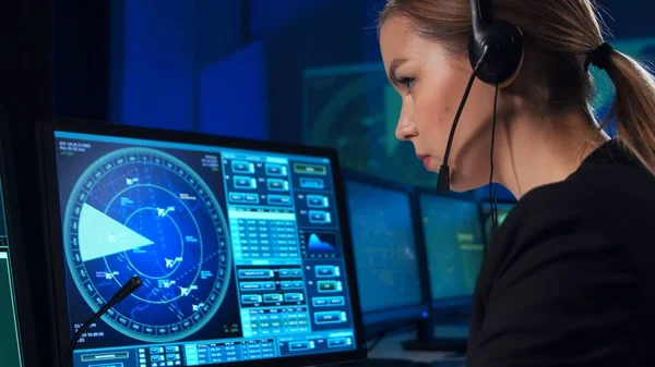 Workplace Air Traffic Controllers Control Tower Team Professional Aircraft Control — Zdjęcie stockowe