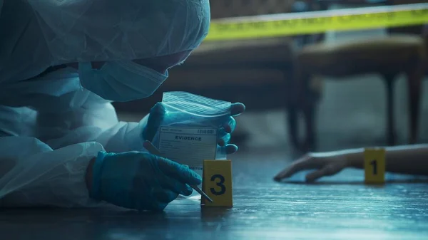 Detective Collecting Evidence Crime Scene Forensic Specialists Making Expertise Home — Foto de Stock
