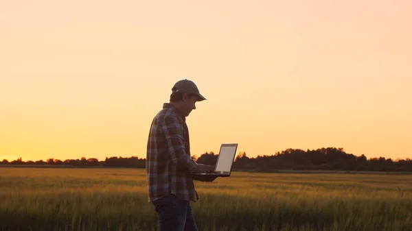 Farmer with a laptop computer in front of a sunset agricultural landscape. Man in a countryside field. The concept of country life, food production, farming and technology.