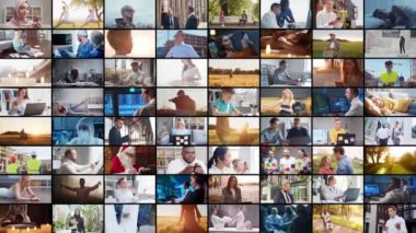 Collage with many different people engaged in a variety of activities, jobs, businesses, studies and hobbies. Set collection of many video clips. The concept of multi-ethnic equality, friendship and