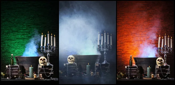 Scary old skull and candles on ancient gothic fireplace. Halloween, witchcraft and magic concept. Set collection collage.
