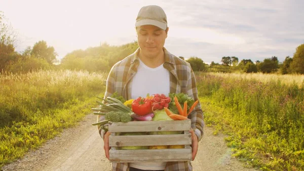 Farmer with a vegetable box in front of a sunset agricultural landscape. Man in a countryside field. The concept of country life, food production, farming and country lifestyle.