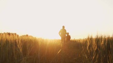 Çiftçi ve oğlu günbatımı tarımının önünde. Kırsalda bir adam ve bir çocuk. Babalık kavramı, köy hayatı, tarım ve kırsal yaşam tarzı..
