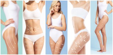 güzel ve sağlıklı kadın vücut çizim oklar. plastik cerrahi, sağlıklı beslenme, liposuction, spor ve selülit Temizleme kavramı.