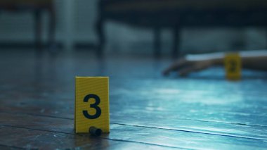 Bir Ölenler Evi 'nde Bir Olay Yeri İnceleme. Ölü adam, Polis Hattı, İpuçları ve Kanıtlar. Seri katil ve dedektif soruşturması kavramı.