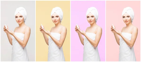 Young Beautiful Natural Woman Wrapped Towel Set Collection Collage — Fotografia de Stock