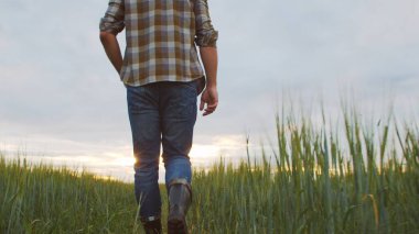 Farmer in front of a sunset agricultural landscape. Man walking in a countryside field. The concept of country life, food production, farming and country lifestyle.