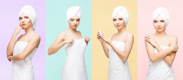 Young Beautiful Natural Woman Wrapped Towel Set Collection Collage — Stock Photo, Image