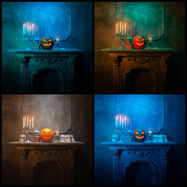 Scary Laughing Pumpkin Old Skull Ancient Gothic Fireplace Halloween Witchcraft — Stock Fotó