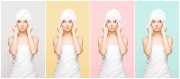 Young Beautiful Natural Woman Wrapped Towel Set Collection Collage — 图库照片