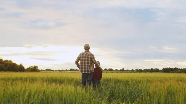 Farmer His Son Front Sunset Agricultural Landscape Man Boy Countryside — Stock Photo, Image
