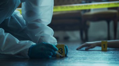 Detective Collecting Evidence in a Crime Scene. Forensic Specialists Making Expertise at Home of a Dead Person. The Concept of Homicide Investigation by Professional Police Officer.