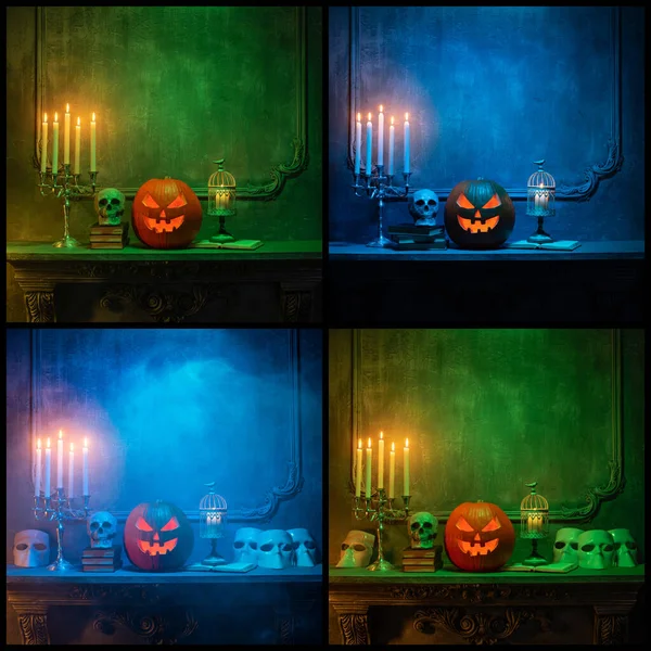 Scary Laughing Pumpkin Old Skull Ancient Gothic Fireplace Halloween Witchcraft — Photo