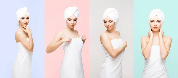 Young Beautiful Natural Woman Wrapped Towel Set Collection Collage Images De Stock Libres De Droits