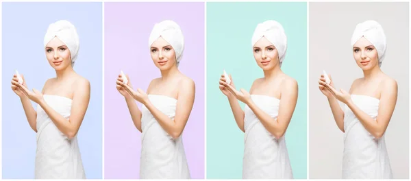 Young Beautiful Natural Woman Wrapped Towel Set Collection Collage — Stock Photo, Image