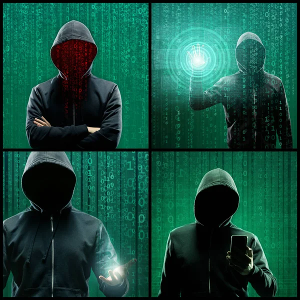 Portrait of computer hacker in hoodie. Obscured dark face. The concept of data thief, internet fraud, darknet and cyber security.