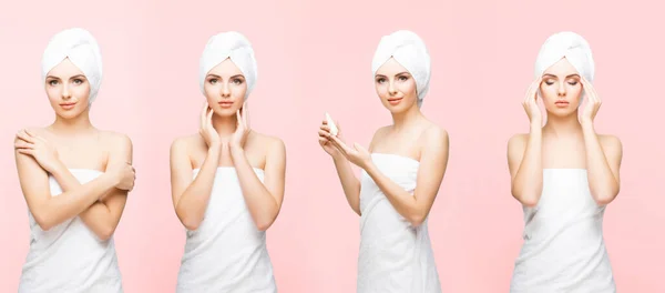 Young Beautiful Natural Woman Wrapped Towel Set Collection Collage — Stockfoto