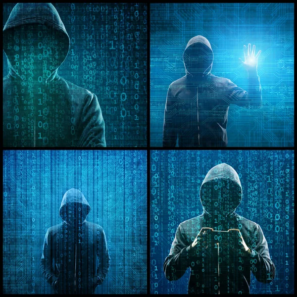 胡迪电脑黑客的肖像 黑漆漆的脸数据盗窃 互联网诈骗 暗网和网络安全的概念 — 图库照片