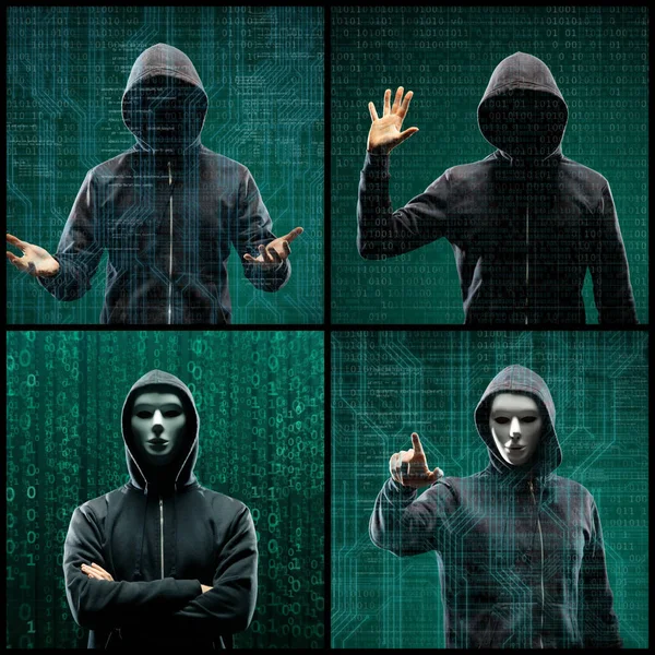 Porträt Eines Computerhackers Kapuzenpulli Verdeckte Dunkle Gesichter Das Konzept Von — Stockfoto