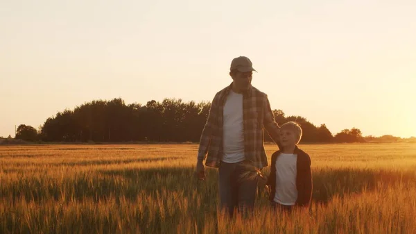 Farmer His Son Front Sunset Agricultural Landscape Man Boy Countryside — Fotografia de Stock