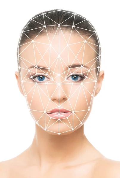 Лицо Красивой Девушки Сканирующей Сеткой Лице Концепция Идентификации Лиц Безопасности — стоковое фото