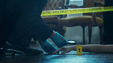 Detective Collecting Evidence in a Crime Scene. Forensic Specialists Making Expertise at Home of a Dead Person. The Concept of Homicide Investigation by Professional Police Officer.