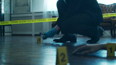 Detective Collecting Evidence in a Crime Scene. Forensic Specialists Making Expertise at Home of a Dead Person. The Concept of Homicide Investigation by Professional Police Officer. clipart