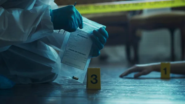 Detective Collecting Evidence Crime Scene Forensic Specialists Making Expertise Home — Stok fotoğraf