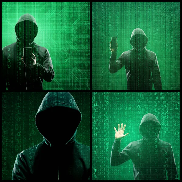 Portrait of computer hacker in hoodie. Obscured dark face. The concept of data thief, internet fraud, darknet and cyber security.