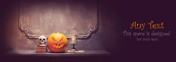 Halloween Bakgrund Med Kopieringsutrymme För Text Läskig Pumpa Och Gammal — Stockfoto