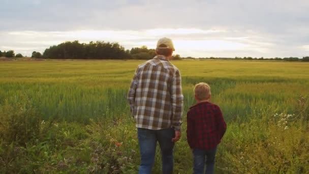 Farmer His Son Front Sunset Agricultural Landscape Man Boy Countryside — Stok video