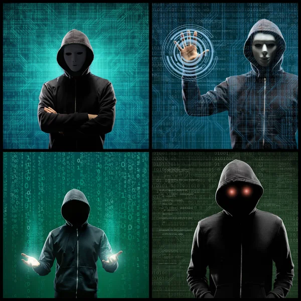 Portrait of computer hacker in hoodie. Obscured dark face. The concept of data thief, internet fraud, darknet and cyber security.