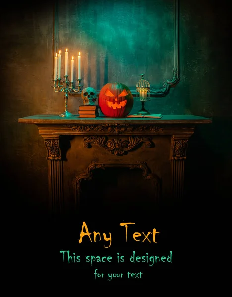 Halloween Pozadí Kopírovacím Prostorem Pro Jakýkoli Text Děsivá Dýně Stará — Stock fotografie