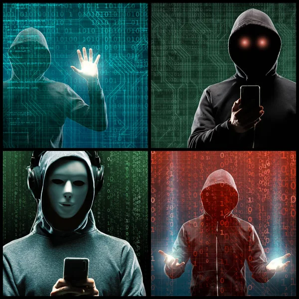 パーカーのコンピュータハッカーの肖像画 暗い顔をしている データ泥棒 インターネット詐欺 ダークネットとサイバーセキュリティの概念 — ストック写真