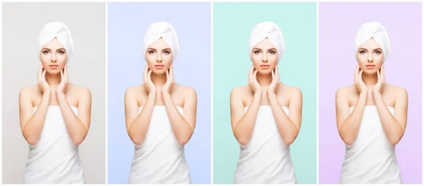 Young Beautiful Natural Woman Wrapped Towel Set Collection Collage — Foto de Stock